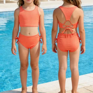 UPF 50+ Swimsuit New Arrival Cute Girls Two Piece Swimsuit Pink Crisscross Back Tie-Up Quick Dry Stretchy Soft Bathing Suit