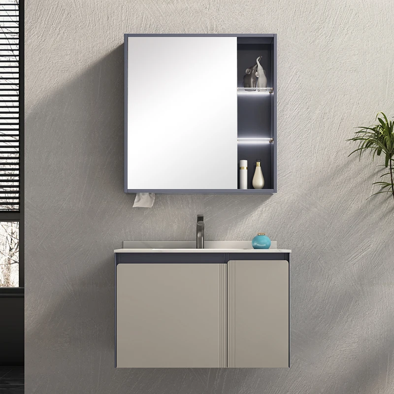 Seamless Marbled Top Cabinet Basin Bathroom Floating Vanity With Waterproof Mirror Cabinet