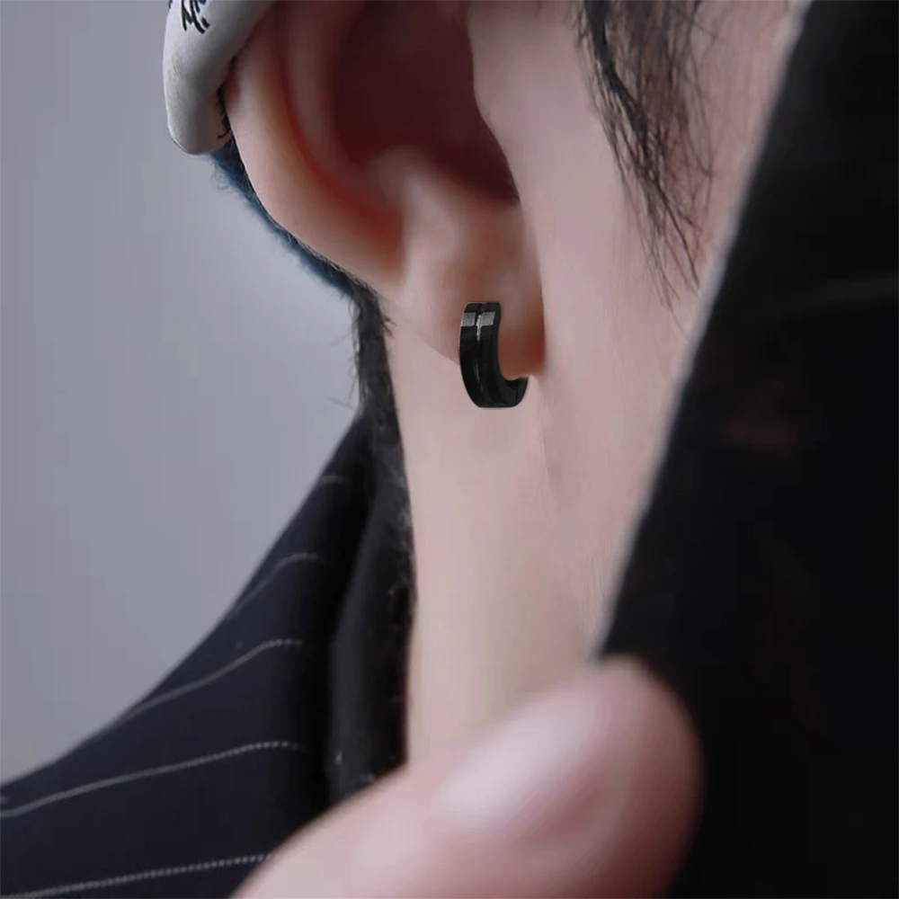 Men's Casual Stainless Steel Hoop Stud Earrings Personalized Black