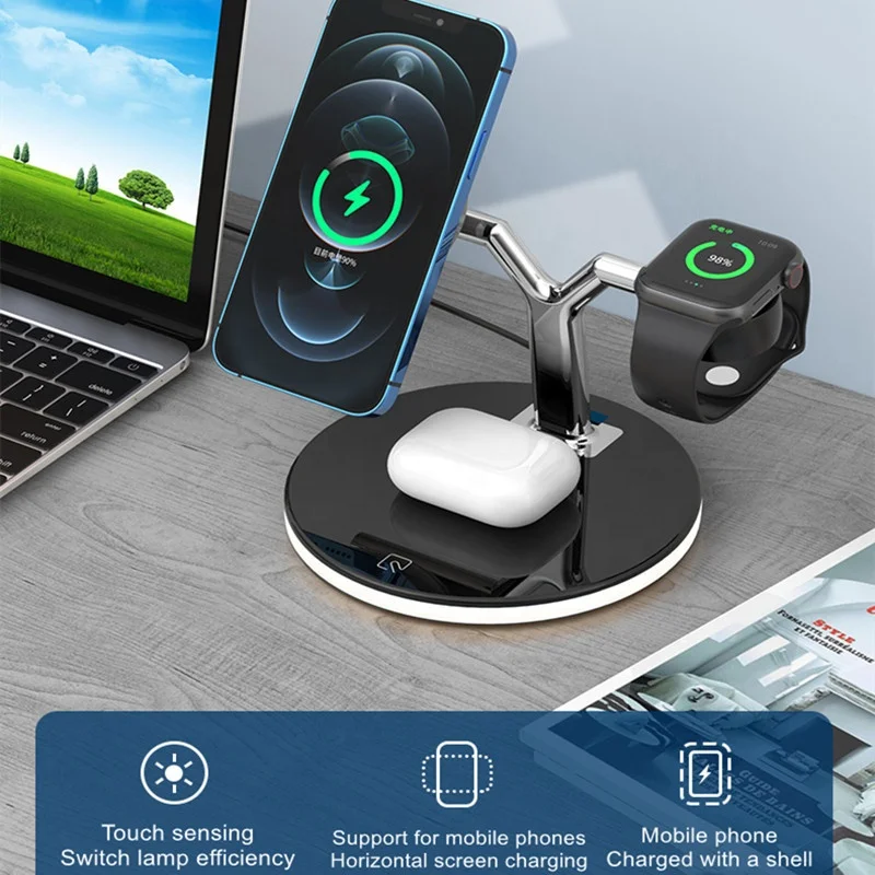 Беспроводное быстрое зарядное устройство 15 Вт 3 в 1 Qi Беспроводное зарядное устройство для iPhone, Смарт-часы, мобильные телефоны