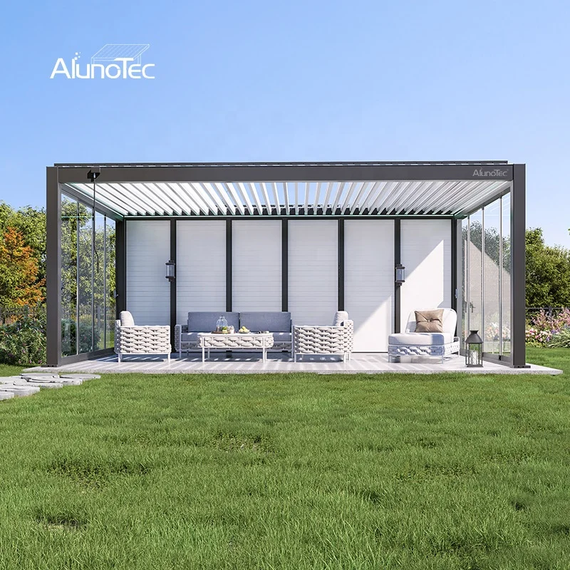 AlunoTec Waterproof Remote Control Bioclimatica System 3x3 3x4 4x3 4x6 Gazebo Motorized Automatic Roof Louvers Aluminium Pergola