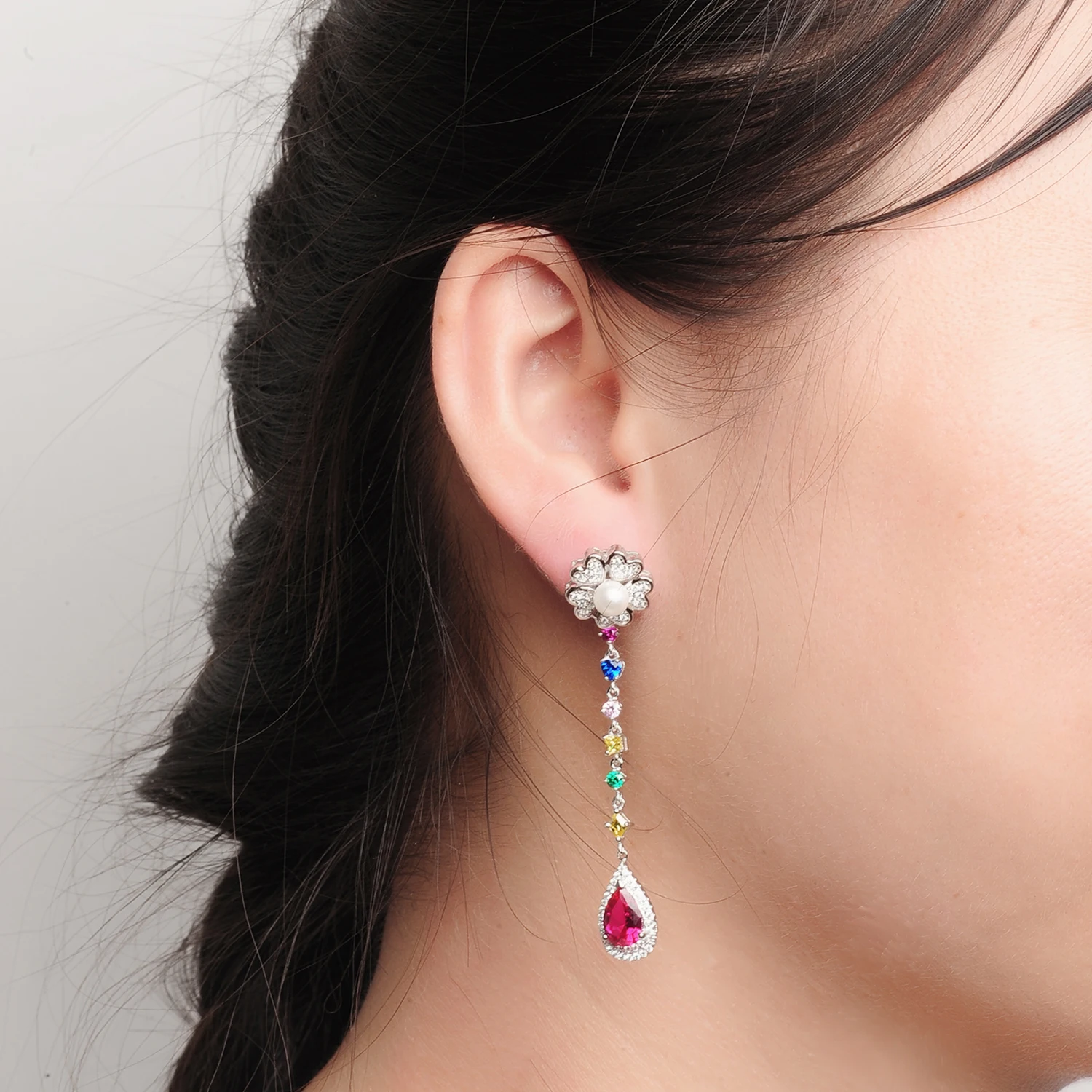 Detachable Teardrop Zircon Women CZ Pendant Drop Stud 925 Sterling Silver Earring Pearl Colorful Flo(图5)