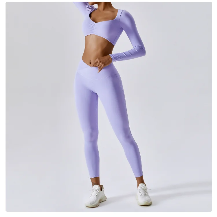 Custom Womens Two Piece Activewear Set Long Sleeve Crop Top V Waist