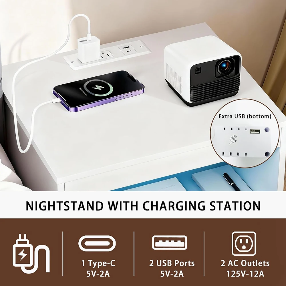 product modern wooden nightstand charging station led ambient light usb c ports 2 drawers open compartment nu deco bedroom furniture-3