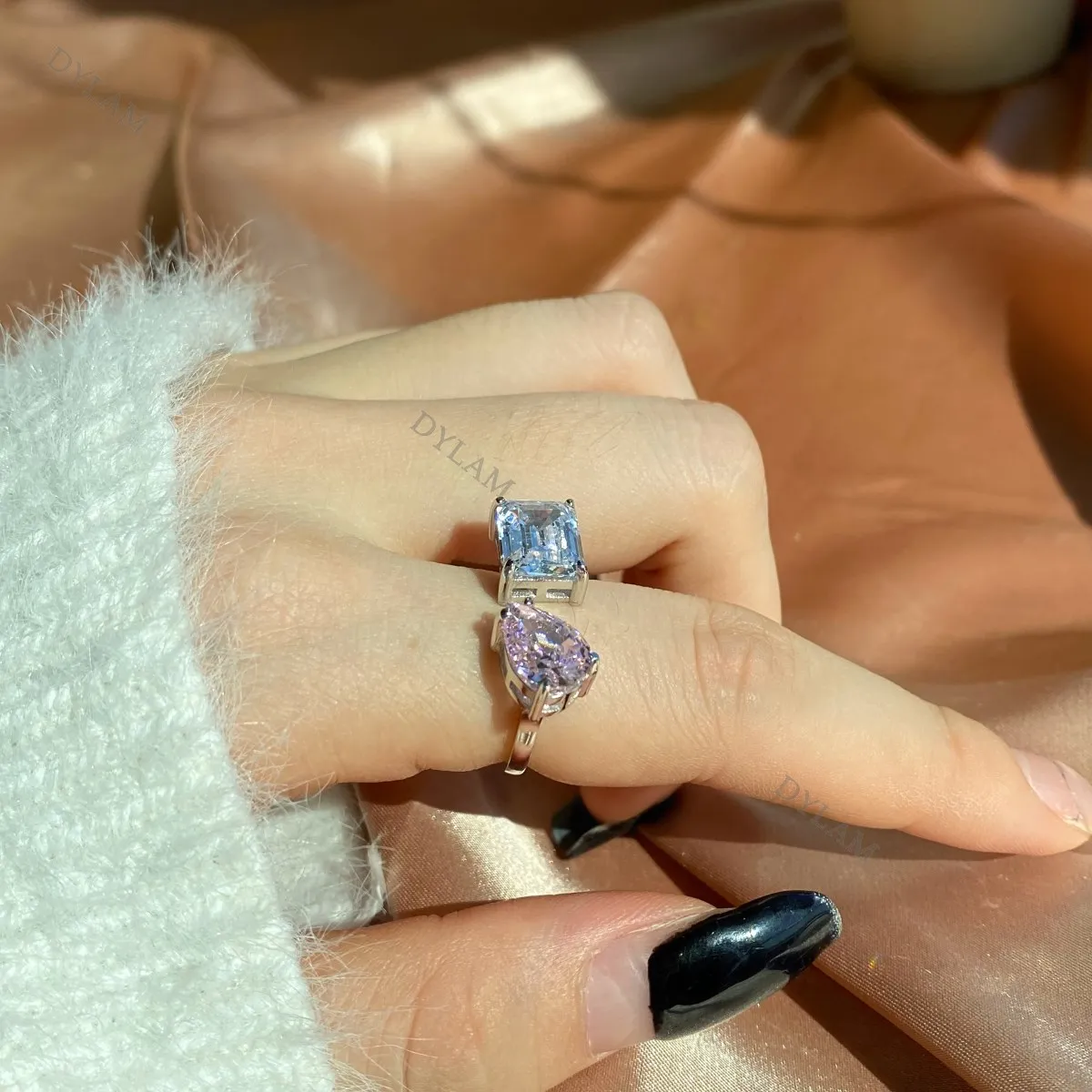 KAKODIY Adjustable Engagement Double Cubic Zirconia Pink Rectangular Open Ring 8A Zircon 925 Sterling Silver Matte Ring detail 7