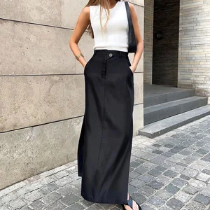 Wholesale Black Cotton Silk Long Skirt 2026 Autumn Split High Waist Temperament Commuter Drape European and American Skirt
