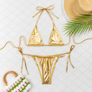 New Summer Women's Sexy and Fashionable Gold Shiny Lace up Split Bandeau 2 Piece Set Bikini Swimsuit