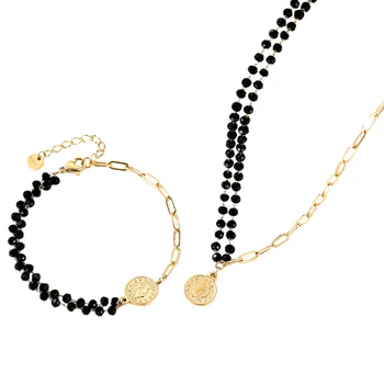 ins style black crystal asymmetric stainless steel gold plated chain necklace jewelry set with white pearl pendant