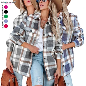 Wholesale Winter Shirt Jacket Woman Soft Thick Coats Ladies Overshirt Flannel Plaid Shackets Jackets for Women