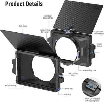 NEEWER Mini Matte Box with Two 4"x5.65" Filter Trays, Carbon Fiber Flag, 4 Circular Lens Ring Adapters (67/72/77/82mm) detail image