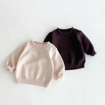 2025 Autumn Korean Style Children's Sweater O-Neck Outerwear Boys Girls Solid Color Knitted Top for Babies Versatile Tops