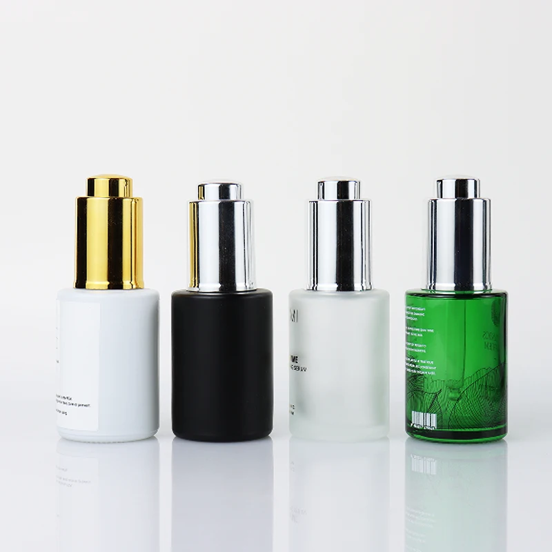 New Design Push Button Flat Shoulder 30ml Essential Oil Bottle Frosted Cosmetic Glass Dropper Bottle