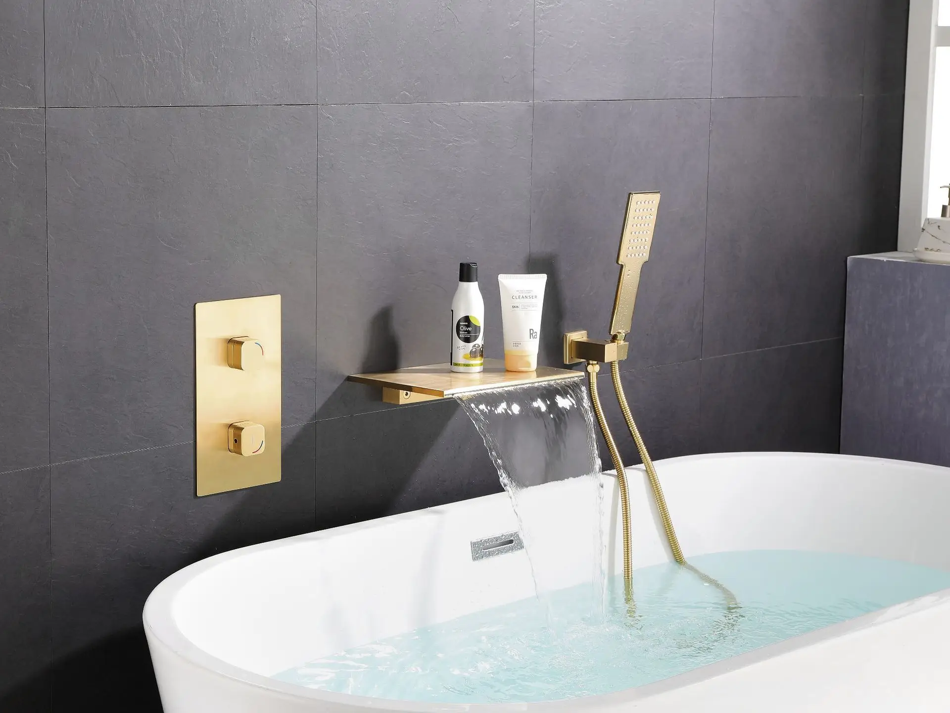 Brushed Gold Waterfall Bathtub Faucet Set Wall Mounted Tub Shower ...