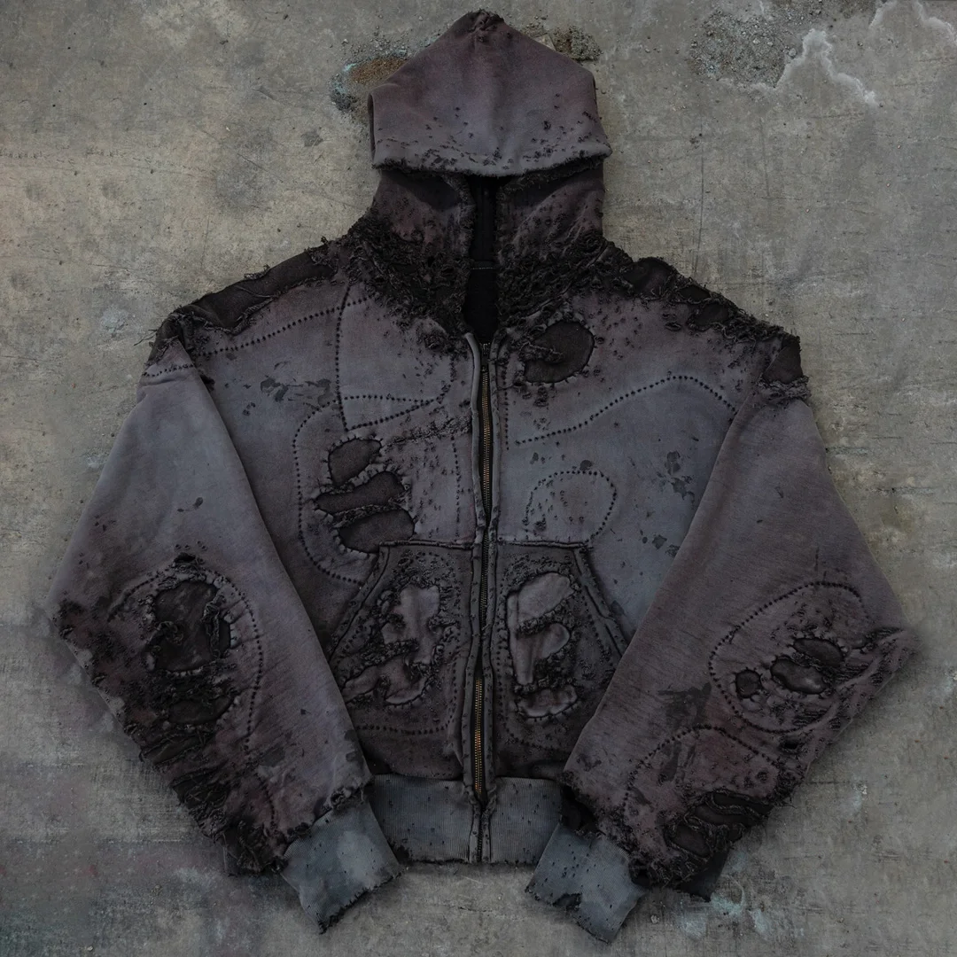 Přizpůsobitelná streetwearová vintageová hoodií s kyselinovým praním a zipem, silně poškozená, se štěpenými a roztrhanými okraji, převelký střih, módní značka pro muže s kapucí