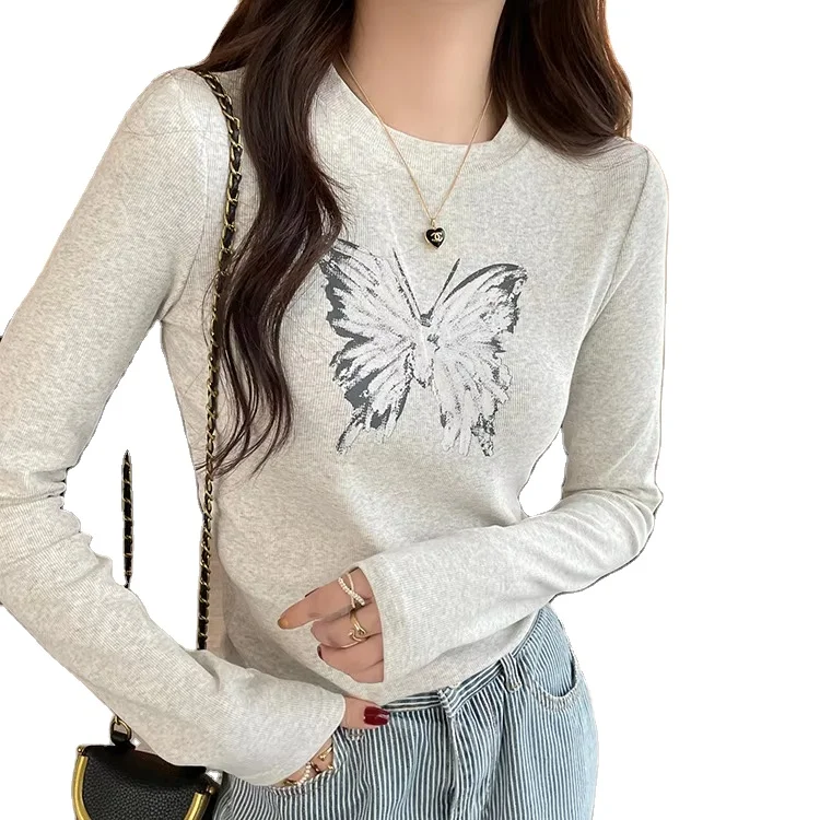 Women's Summer Slim Fit Short Naked Spicy Girl Top White Round Neck Long Sleeved T-Shirt Quick Dry Minimalist Style One Size