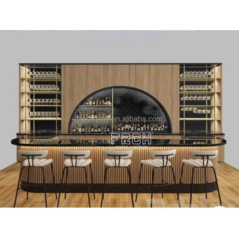 Oem Western Style Simple Service Checkout Marble Top  Wooden Curved Bar Reception Counter Design Divider Bar