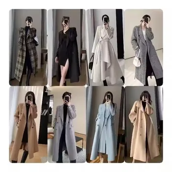 Women Lace-up Trench Coat With Pockets Ladies Woolen Turn-down Collar Buttons Long Sleeve Overcoat For Women Winter Pour Femme