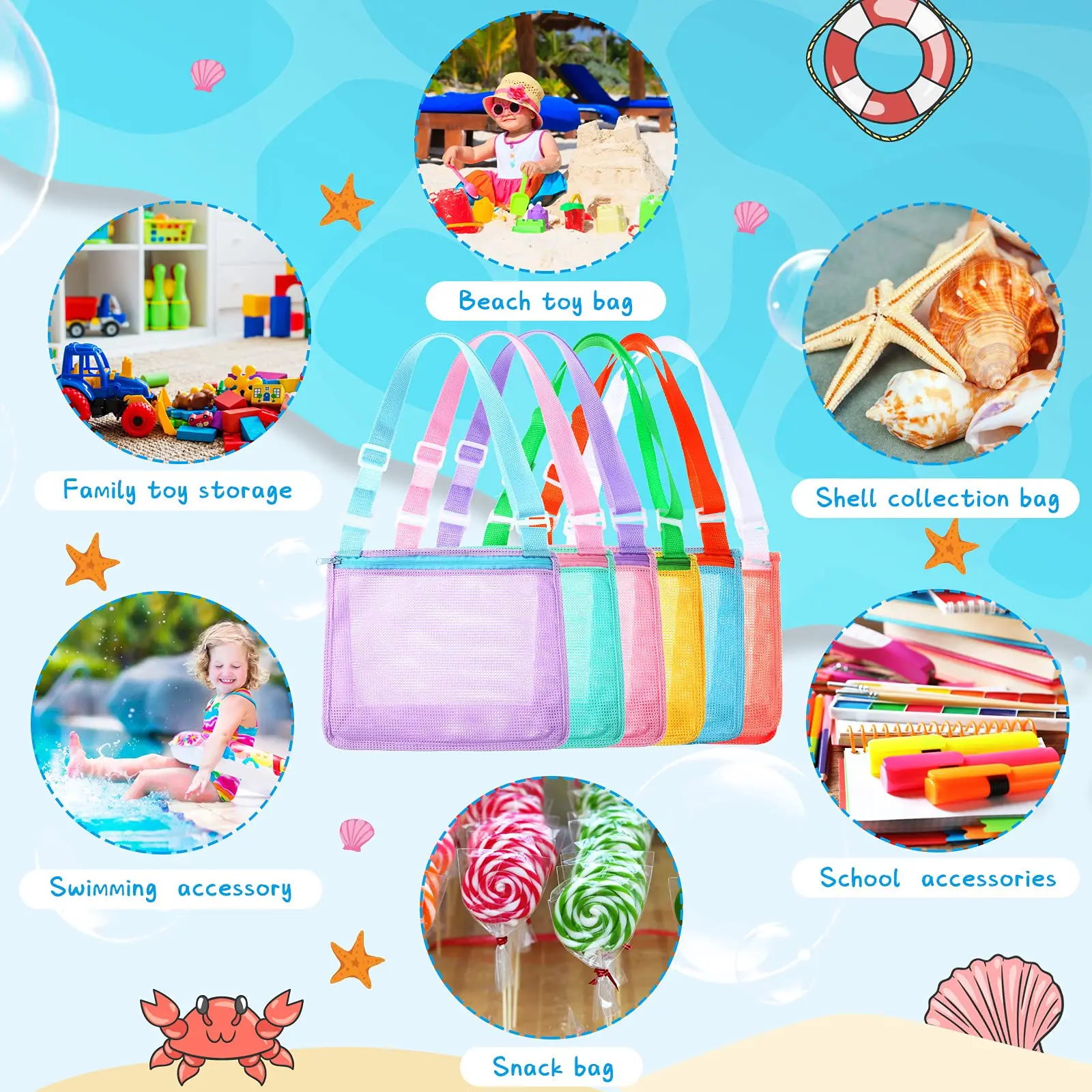 Custom Color Swimming Storage Mesh Bag Beach Toys Mesh Shoulder Bags with Zipper