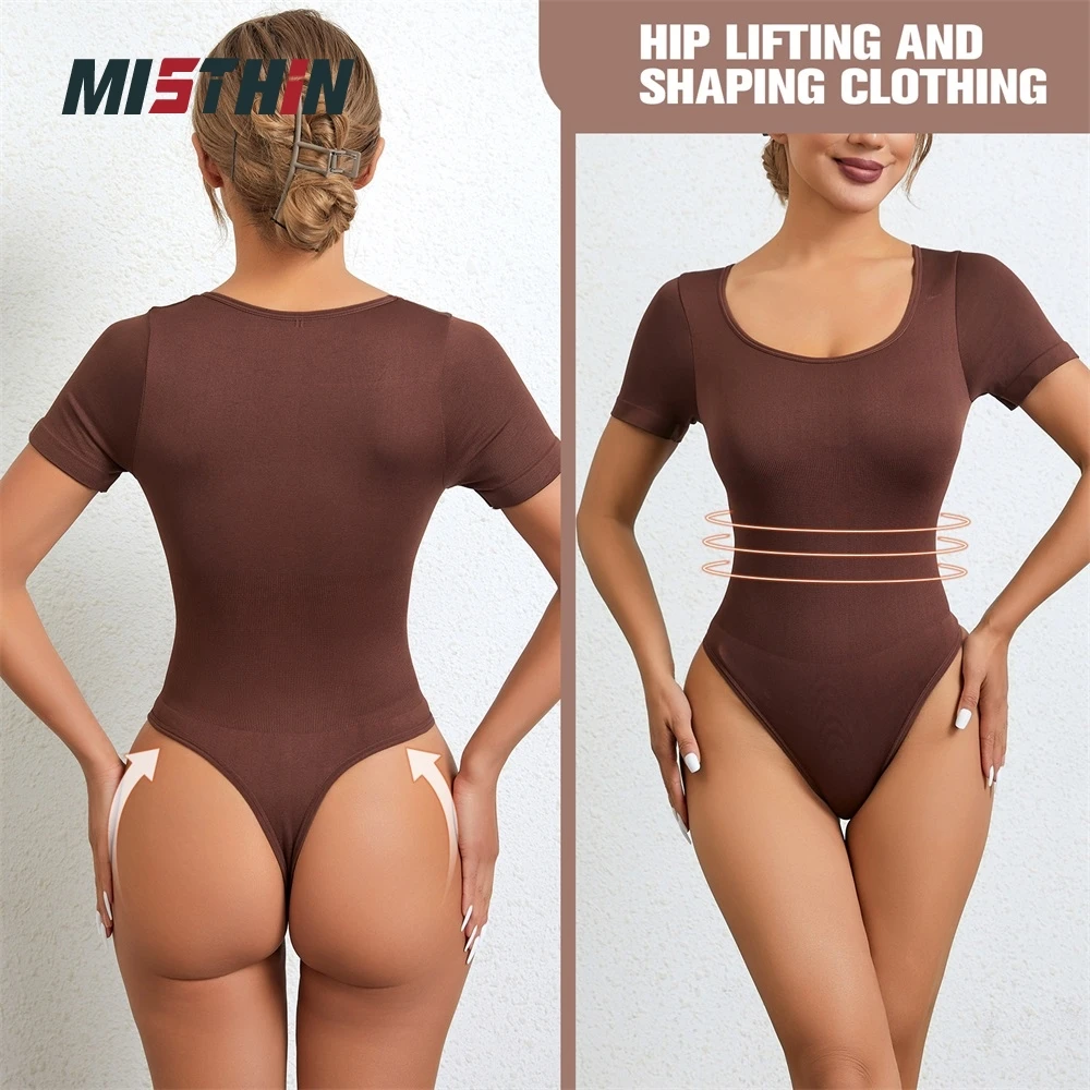 Round Neck Seamless Gym Women Sleeved Thong Panti Tummy Control Bodysuit Underwear Waist Trainer Shapewear Shaper