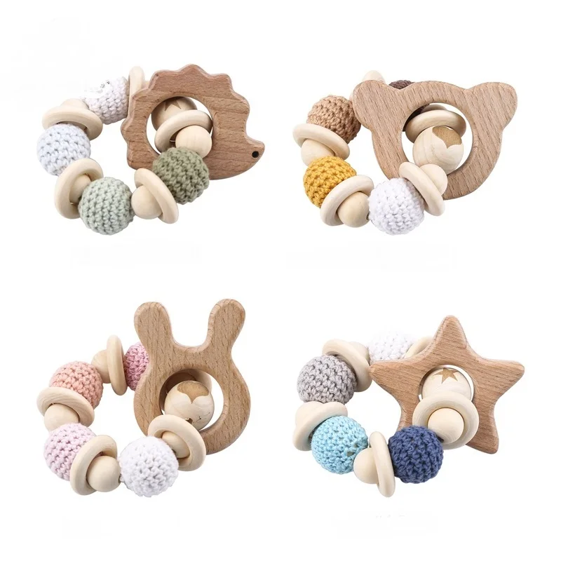 Let’s Make 1PC Wooden Teether Hedgehog Crochet Beads Wood Crafts Ring Engraved Bead Baby Teether Wooden Toys For Baby Rattle