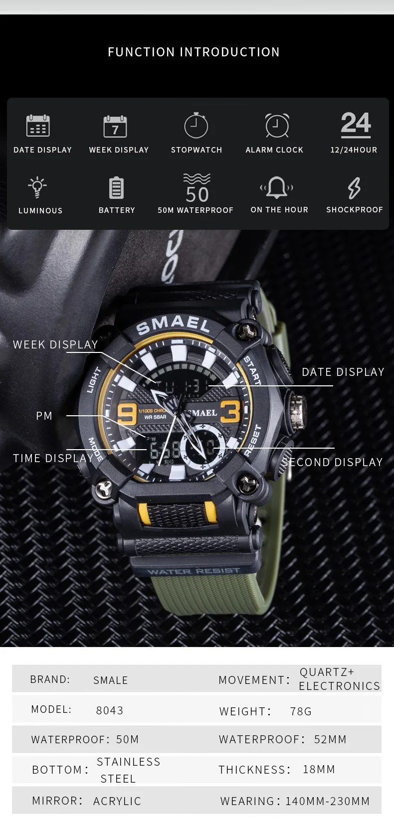 SMAEL Analog Digital Multifunctional waterproof Watch For Men 8052