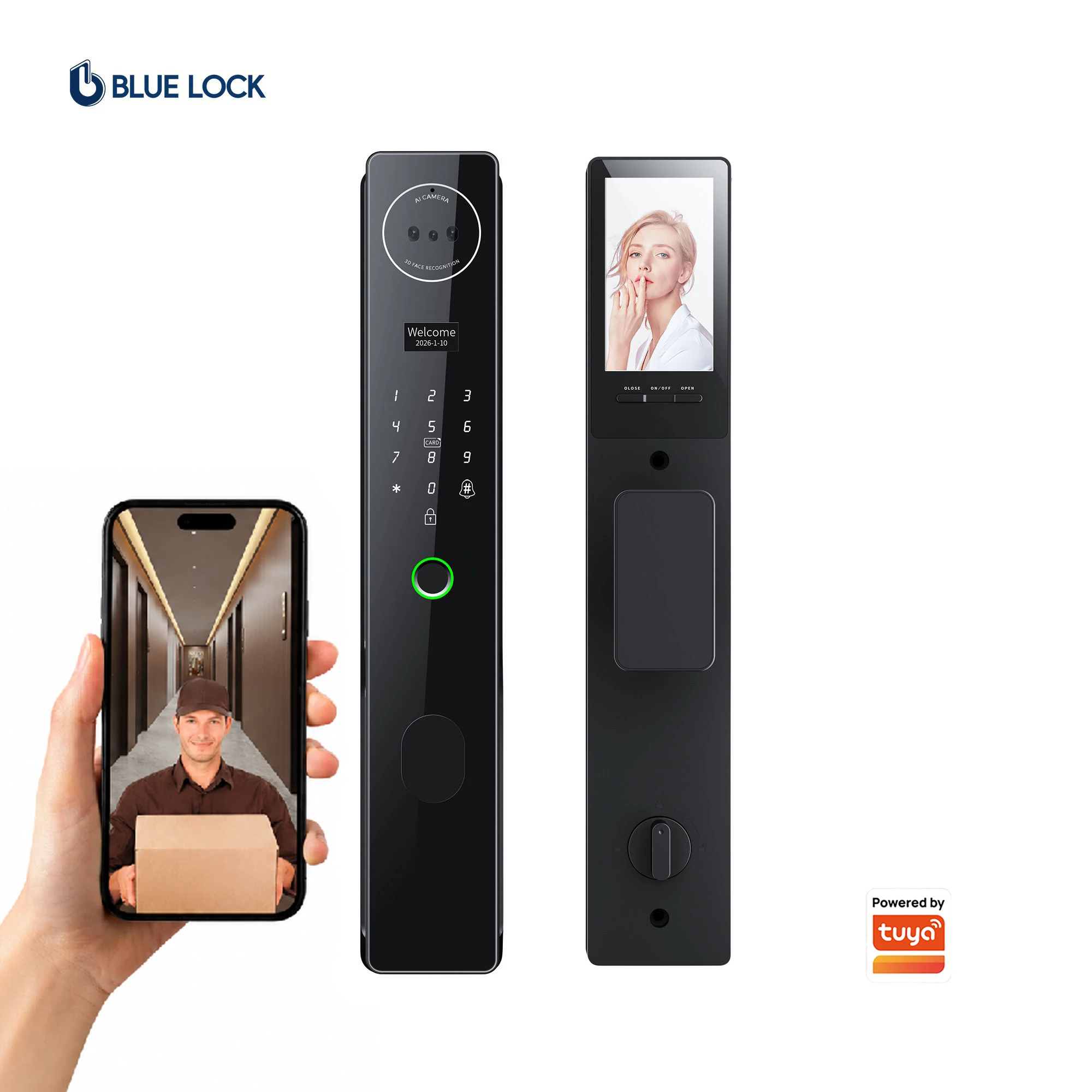 Bluelock 3D Facial Recognition Tuya Control WiFi Video Intercom Smart Door Lock with Camera Keyless Entry Fingerprint Lock Door