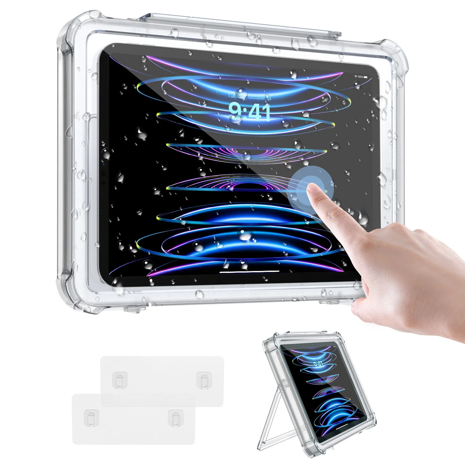 MoKo 360 Rotating Clear ABS Anti Fog Touch Screen Water Resistant Bathrooms Shower Kickstand Tablet Holder for iPad Pro 11