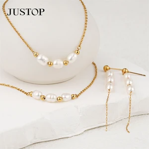 Wholesale Custom PVD 18K 24K Gold Natural Pearl Shell Freshwater Earrings Bracelet Fashion Jewelry Set love