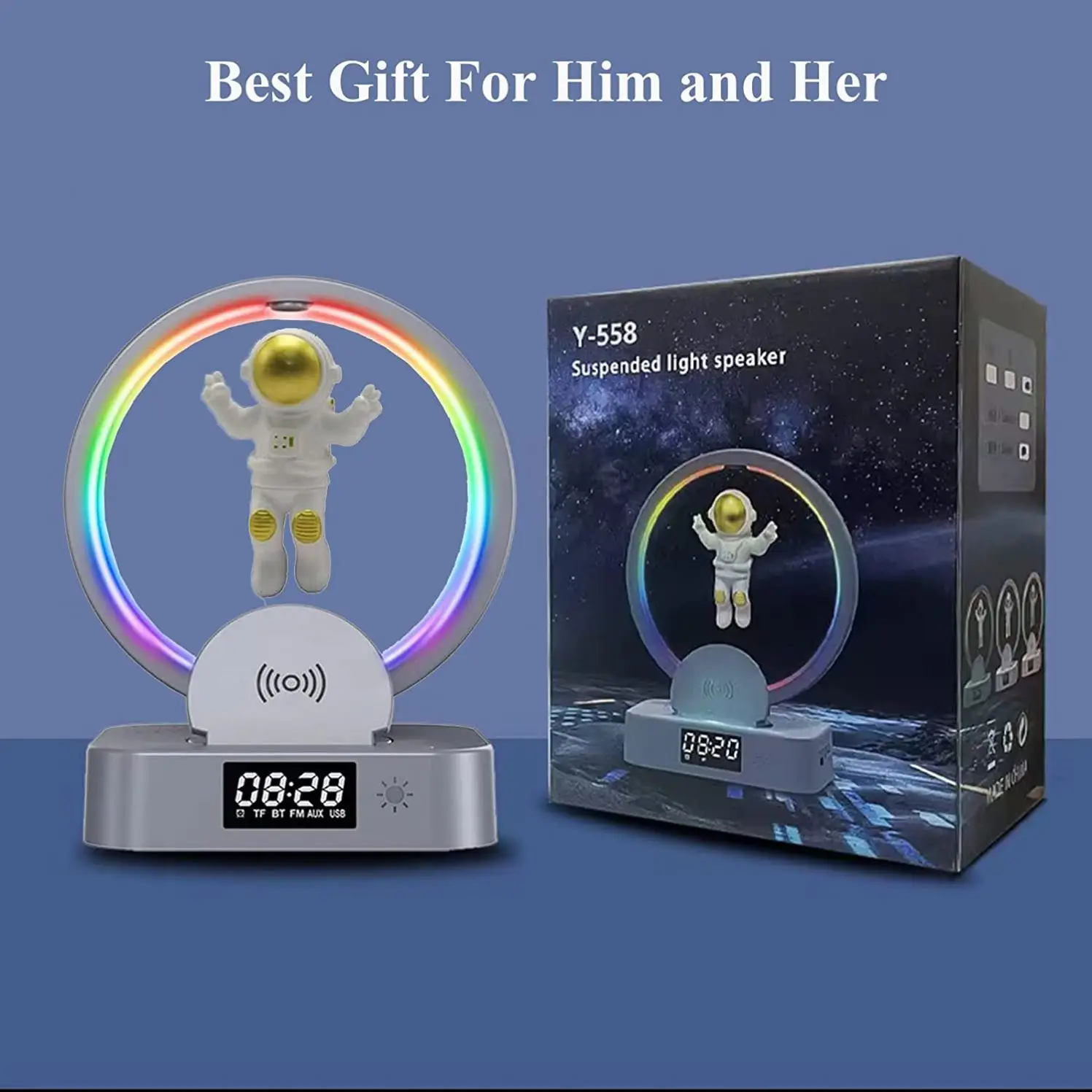 Wireless Charger Alarm Clock Astronaut RGB Atmosphere Light Night Magnetic Levitation Clock Light Astronaut