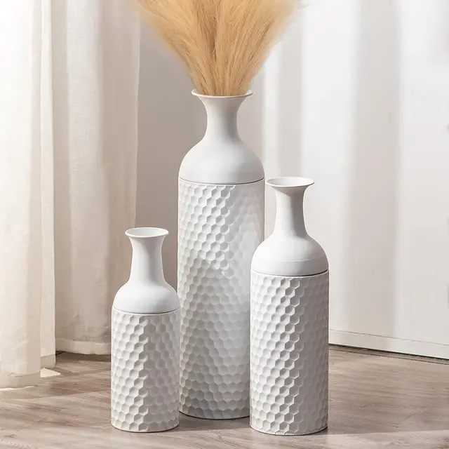 Lander Set of 3 27in Modern Honeycomb Texture Big Standing White Floor Metal Vase for Living Room