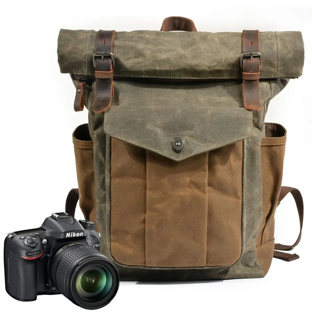 Water-resistant waxed canvas camera backpack bag with Removable Divider