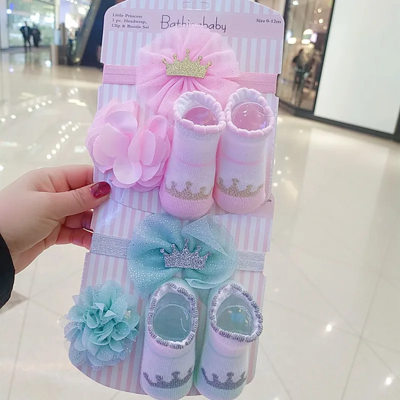 3 шт., хлопковые носки и повязки на голову для девочек 0-3 месяца