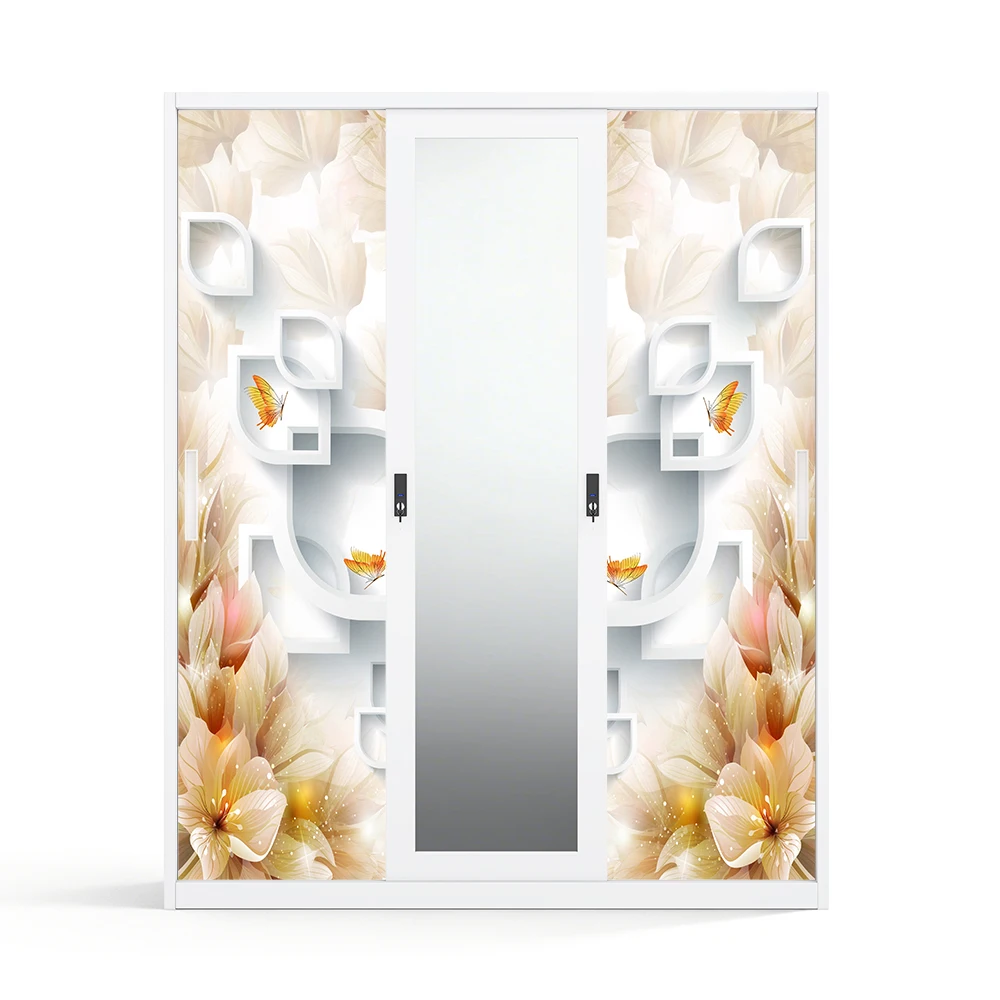 Printed Almirah Wardrobe with 3 Sliding Doors and Mirror 1500mm for Home Use