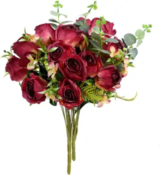 Artificial Silk Flowers Roses Faux Plant with Eucalyptus Leaf Bouquet Plastic Plants for Wedding Valentines Home Decoration
