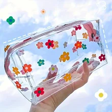 Clear Pencil Case PVC Cosmetic Pouch for Women Girls Waterproof Daisy Floret Pattern with Zipper