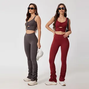 Newest 2 Piece Compression Sportswear Fitness Bra Tank Top Butt Lift Flares Leggings  Pants Ladies Fitness Yoga Set for Women
