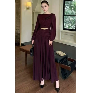 AELESEEN Autumn Winter 2026 New French Solid Color Long Dress Hand Woven O-Neck Slim Pullover Dress Waist Hollow Out Party
