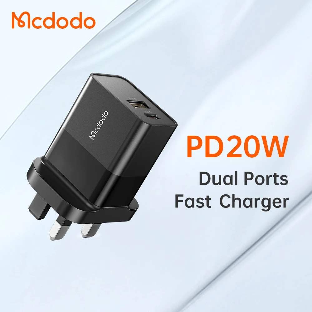 UK Plug 20W 3A USB C Wall Charger Fireproof PC Smart Chip Dual