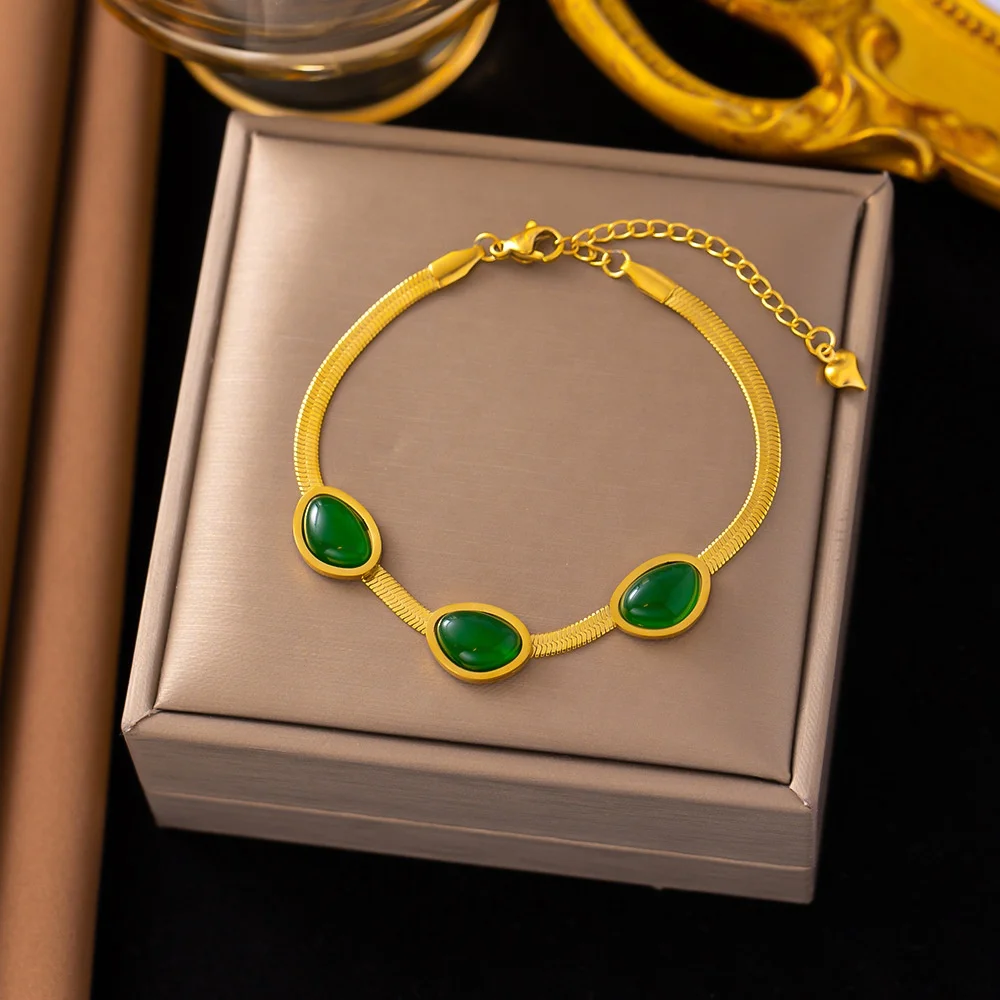 Vintage Emerald Snake Chain Jewelry Set Stainless Steel