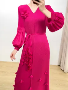 Pleated Maxi Dress with 3D Floral Appliques Lantern Sleeves Elegant V-Neck Belted Evening Dress for Women