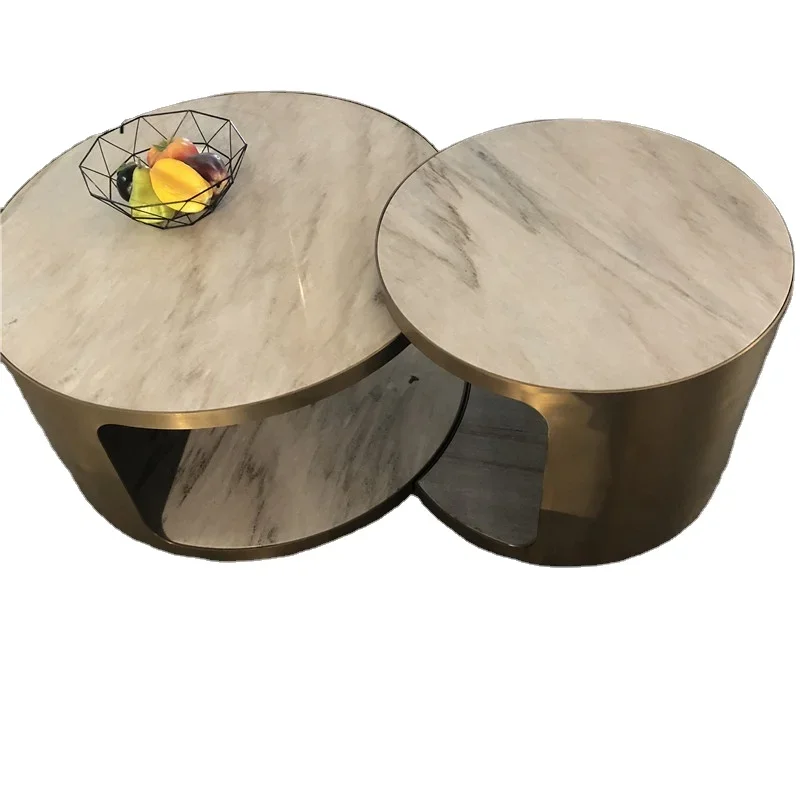 Natural White and Black Marble Modern Design  Metal Base Round Home Coffee Table Round Nature Stone Interior  Table