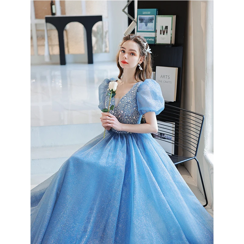 Princess Sequin Prom Dress 2022 Elegant Light Blue Lace Beaded Dress