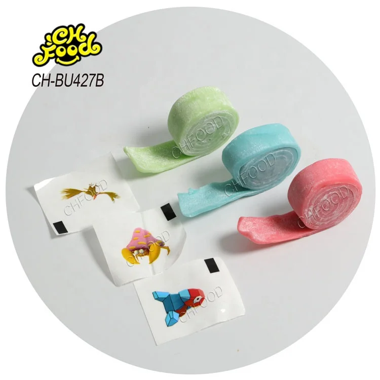 New Design OEM High Quality Fruit Flavor Crazy Roll Chewing Bubble Gum with Tattoo Wholesale Halal Gum Candy Sweets