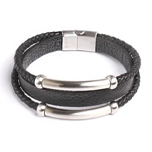 Trendy Genuine Leather Bracelets Men Stainless Steel Multilayer Braided Rope Bracelets for Male Jewelry
