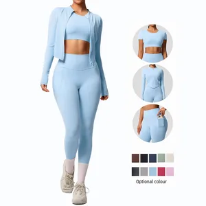 3 Piece Yoga Outfit Set Yoga Pants with Pockets Short-sleeve Top and a Zippered Long Sleeve Yoga