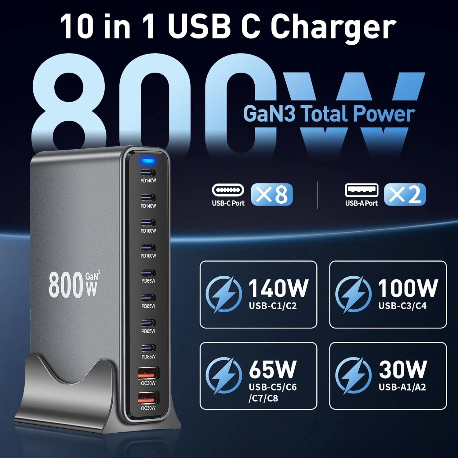 Chargeur USB-C 800W GaN 10 Ports – PD 140W, 2 Ports 100W, 4 Ports 65W – Compatible IPhone, MacBook, Samsung - 2