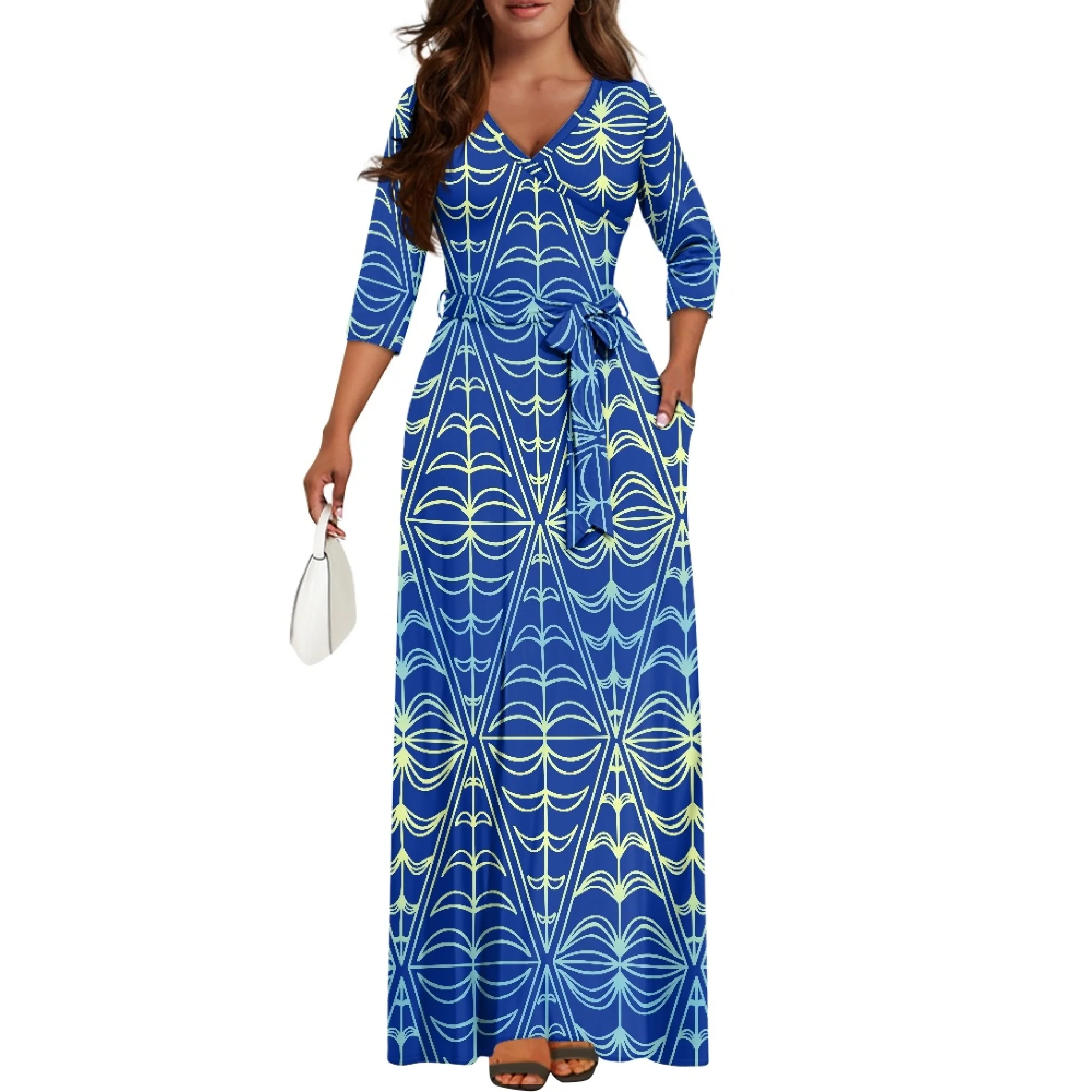 1MOQ Customized Belts Island Style Dress Hawaiian Flower Printed Polynesian  Dress Long Maxi Casual Dresses With Side Pocket