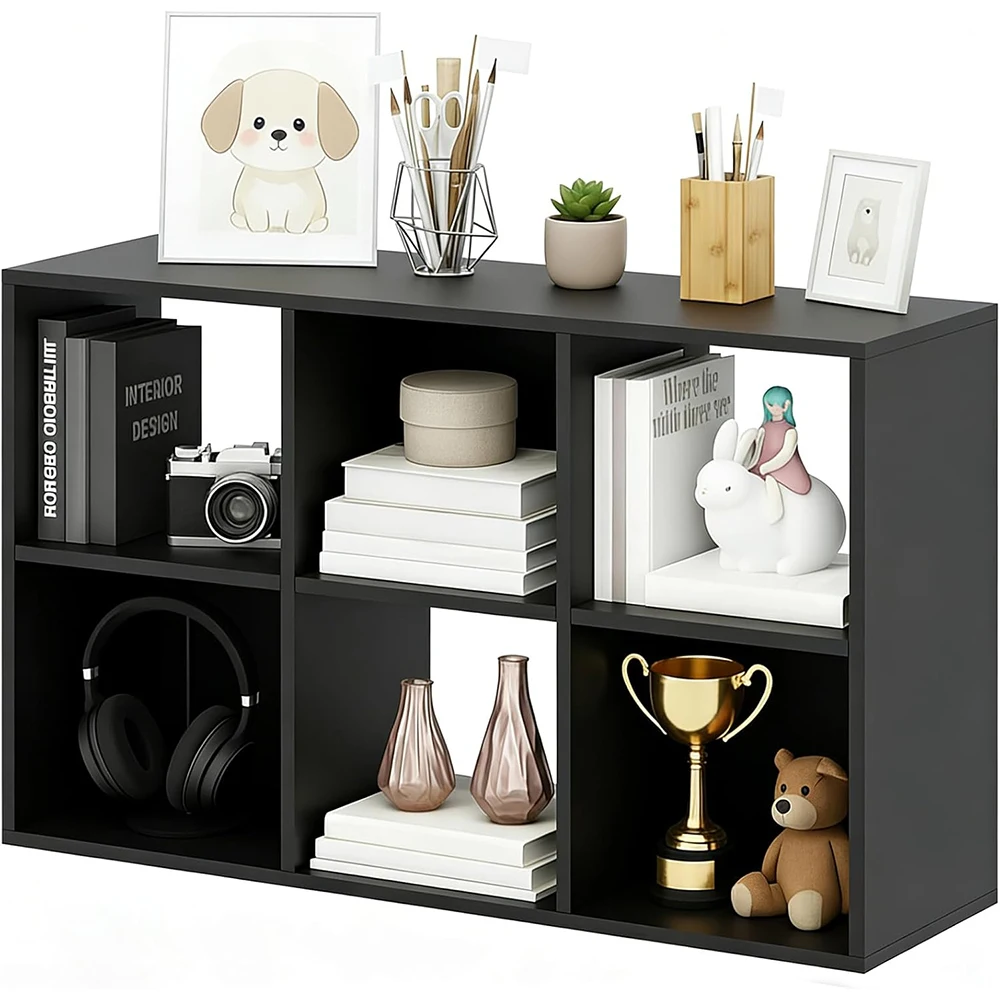6-Cube Wooden Storage Organizer Black Bookshelf Open Compartments Home Office Modern Display Shelf Living Room Bedroom Entryway