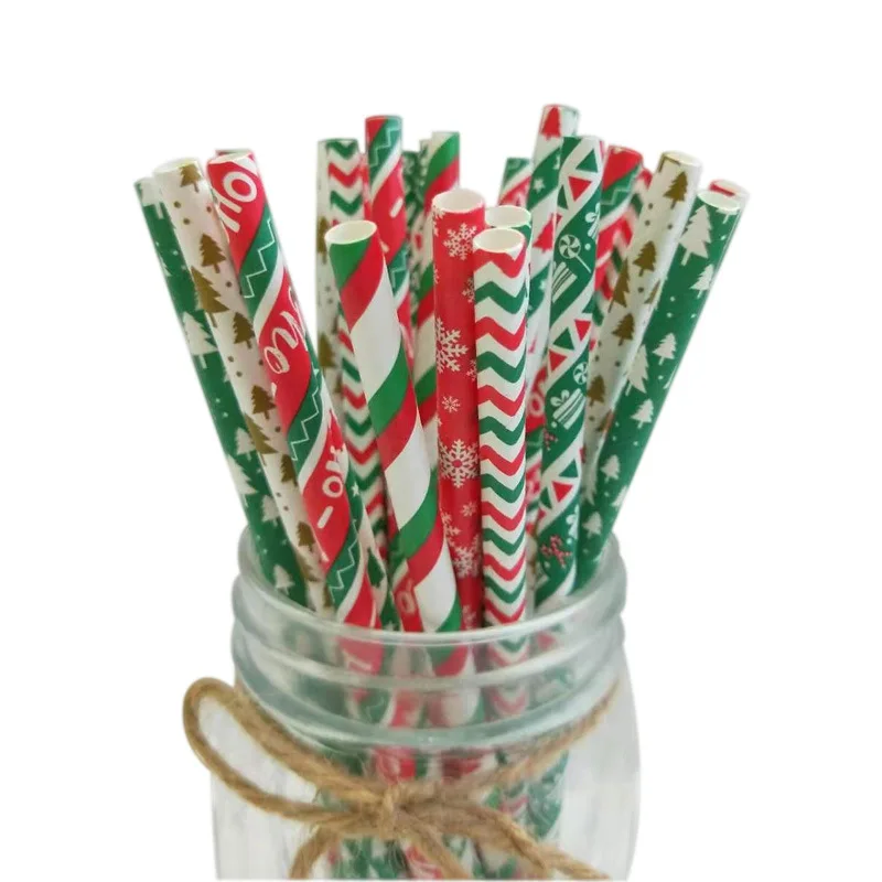 Customized Colorful Disposable Biodegradable Paper Spoon Straws Christmas Drinking Paper Straws
