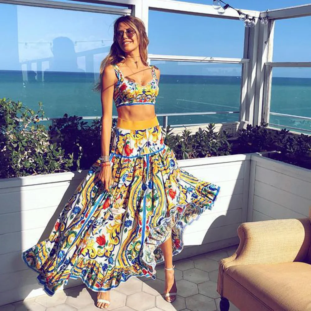 Women's Casual Boho Floral Strapped Dress V Neck Crop Top